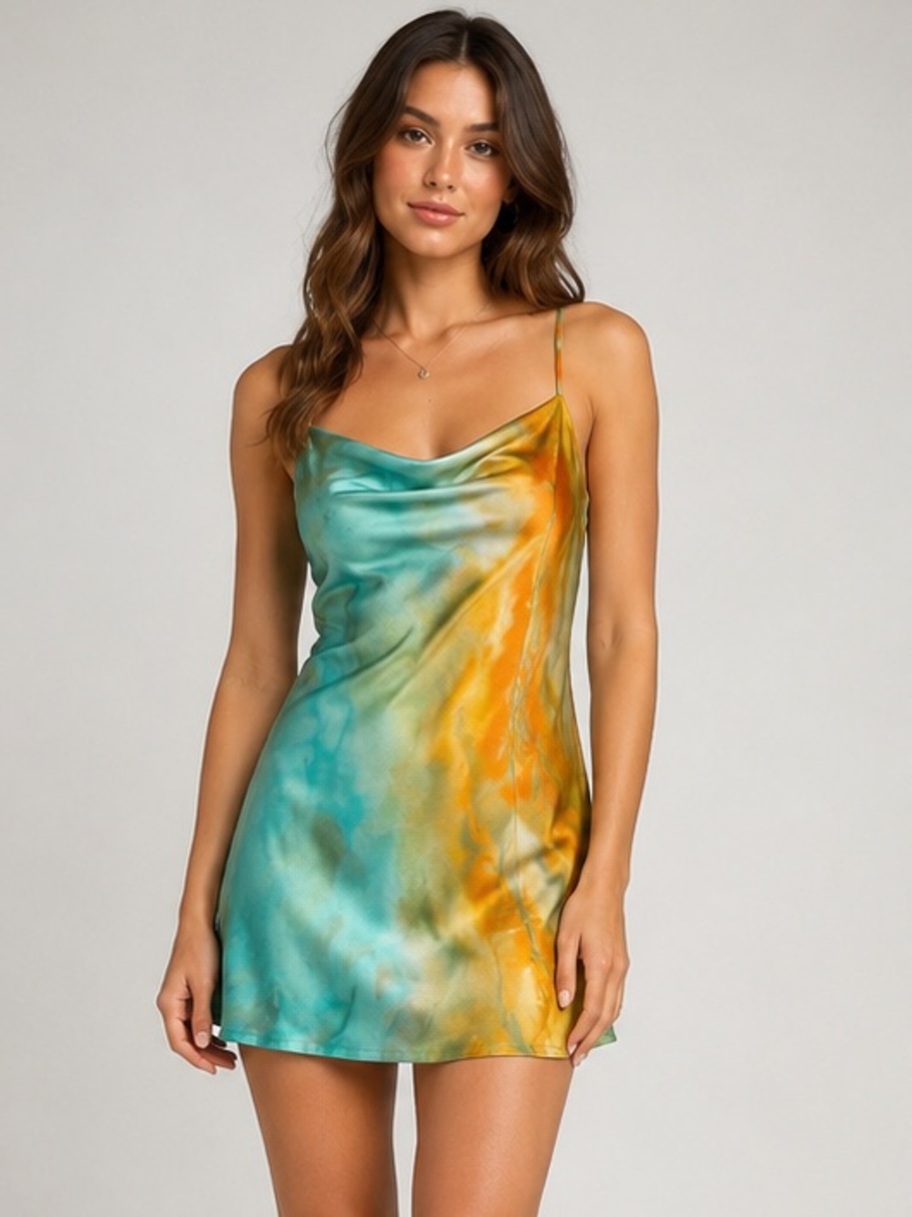 Hello Molly Satin Abstract Print Cowl Neck Mini Dress Size Small NWOT